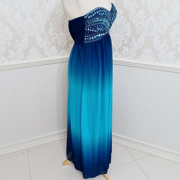 B. Smart Blue Strapless Ombre Prom Party Gala Maxi Dress Juniors Size 1 FLAW - Picture 2 of 5
